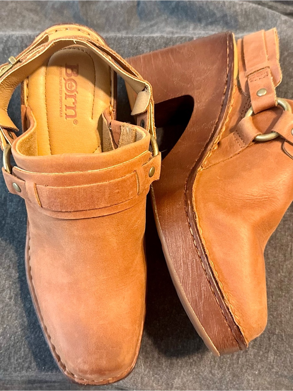 Born Cognac Leather Platform Clogs with Ankle Strap